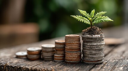 Vibrant Young Plant Sprouting from a Stacked Coin Pile, Symbolizing Growth and Financial Investment Ideal for Marketing and Branding Campaigns, Inspiring Aspiration and Renewal.