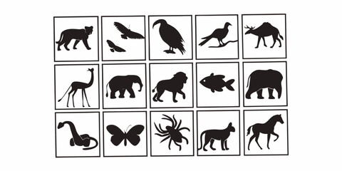 Fototapeta premium Fifteen animal silhouettes arranged in a grid with a lion, eagle, elephant, horse, and butterfly