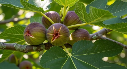 Fototapeta premium Ripe purple figs growing on a sunlit tree branch with green leaves.