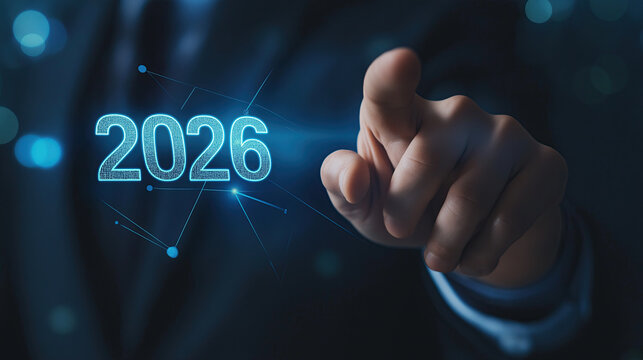 Professional finger activates glowing 2026 holographic interface with futuristic digital network background.