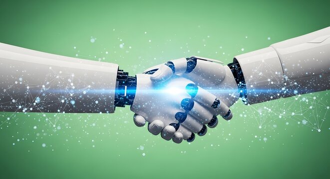 Close-up of two robotic arms shaking hands with a glowing blue light on a green background with particles, representing digital transformation and technology. - Powered by Adobe
