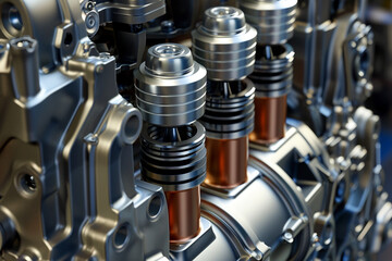 A close-up of a complex engine, showcasing the interplay of pistons, valves, and camshafts in perfect harmony