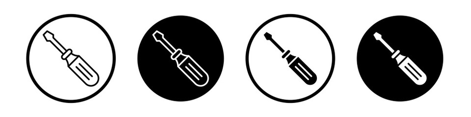Screwdriver icon collection in black and white filled and outlined style for web.