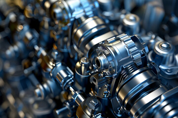 A close-up of a complex engine, showcasing the interplay of pistons, valves, and camshafts in perfect harmony