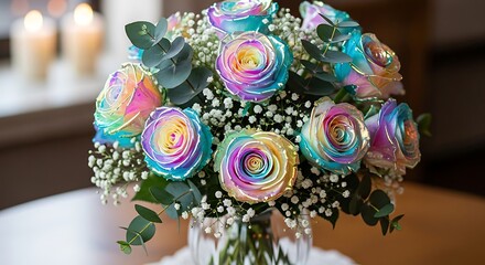 Vibrant rainbow roses arranged gracefully, a captivating floral display