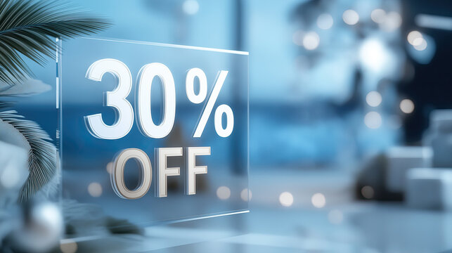 Transparent glass displays thirty percent discount offer with tropical palm backdrop.
