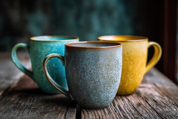 Fototapeta premium Three ceramic mugs with textured matte finish on rustic wooden surface