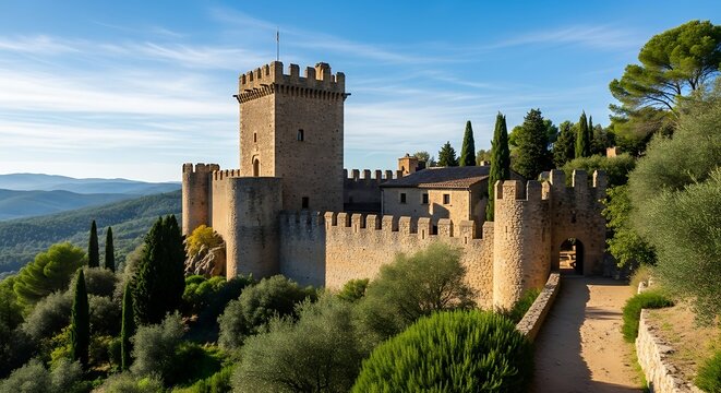 Majestic Medieval Castle in Tuscany Surrounded by Lush Green Hills and Olive Groves Under a Clear Blue Sky. - Powered by Adobe