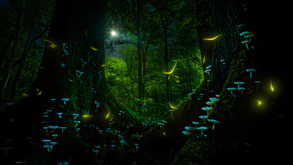 Fototapeta premium Magical Forest with Glowing Mushrooms and Fireflies at Night