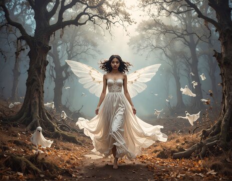A woman with large wings in a mystical forest