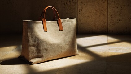 Beige tote bag, sunlight, stone floor, interior