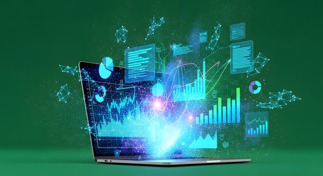 A laptop with a vibrant, glowing screen displaying various digital graphs and charts, surrounded by floating icons and symbols on a green background, representing digital transformation.