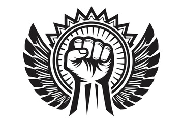 Fist reaches upwards through black starburst, signifying strength and unity for a revolutionary movement