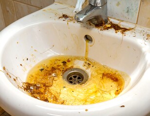 Dirty sink with yellowish water and debris