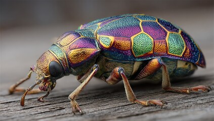 Naklejka premium Close-up of a vibrant, colorful beetle. Its shell is intricately patterned with iridescent hues of gold, purple, green, and other colors. The beetle sits on a weathered wooden surface