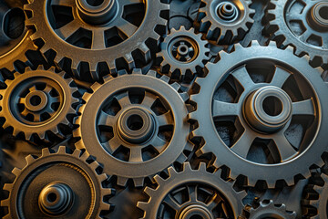 A collection of precision-engineered gears of varying sizes, interlocked perfectly, showcasing their metallic textures