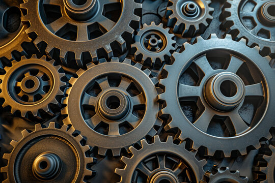 A collection of precision-engineered gears of varying sizes, interlocked perfectly, showcasing their metallic textures