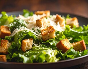 Close-up Caesar salad on dark plate
