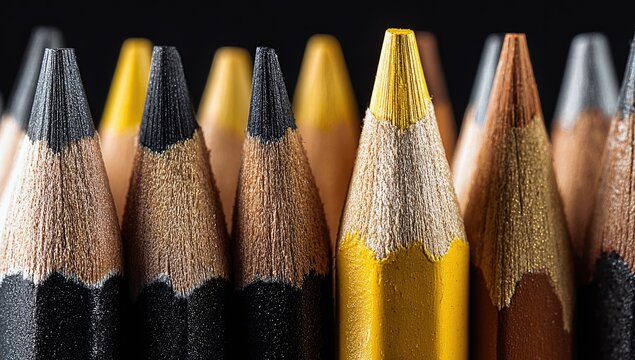 Yellow pencil stands out among grayscale pencils on black background; art supplies