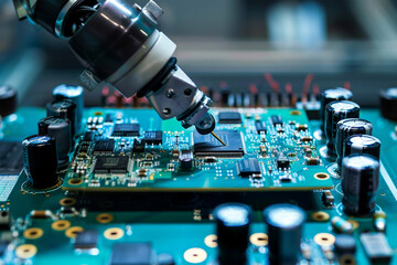 A detailed shot of a robotic arm assembling a circuit board with precision, each component placed flawlessly