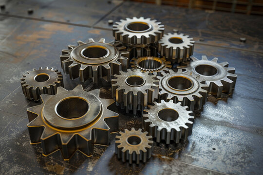 A collection of precision-engineered gears of varying sizes, interlocked perfectly, showcasing their metallic textures