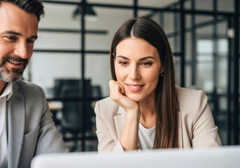 Fototapeta premium Collaboration & Focus: A close-up shot captures two professionals deeply engaged, eyes fixed on a laptop screen, the very embodiment of teamwork and business synergy.