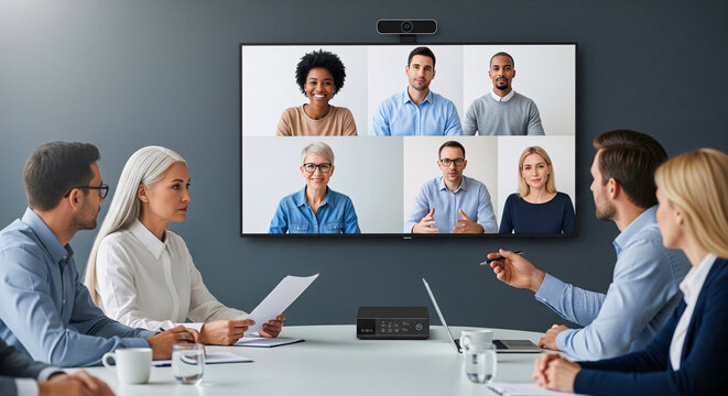 Business Collaboration: A dynamic boardroom scene showcases a video conference call, fostering a sense of global connectivity and collaborative spirit.  
