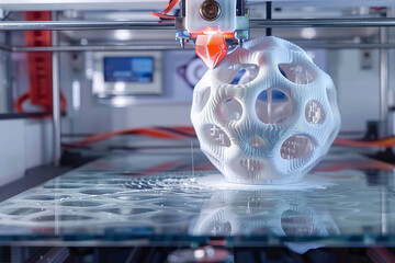 A detailed view of a 3D printer in action, printing a complex object layer by layer with precision