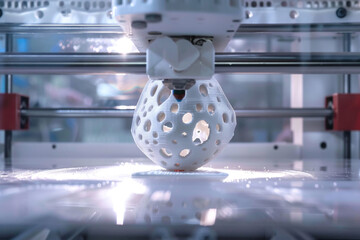A detailed view of a 3D printer in action, printing a complex object layer by layer with precision