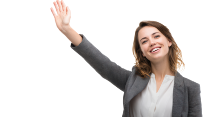 A smiling woman in a business suit waving hello with a joyful expression, isolated on a transparent background.