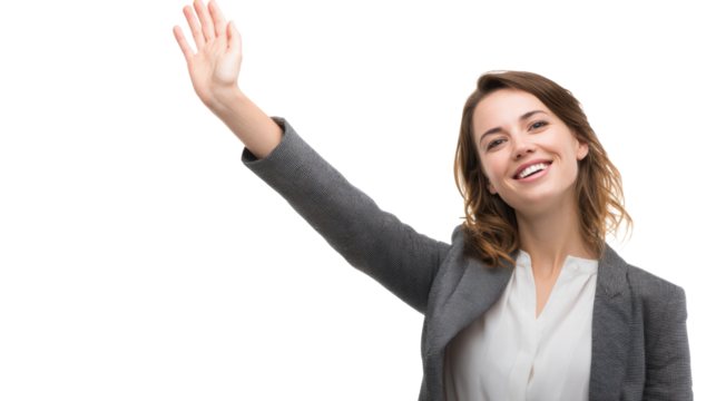 A smiling woman in a business suit waving hello with a joyful expression, isolated on a transparent background.