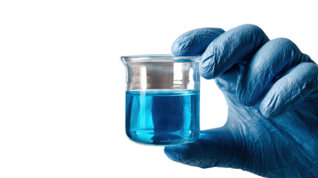 A scientist's hand in a blue glove holding a glass beaker with blue liquid, white isolate background.