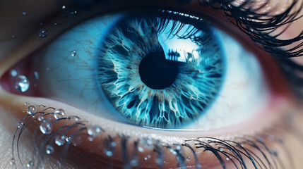 A close-up of a blue eye with long lashes