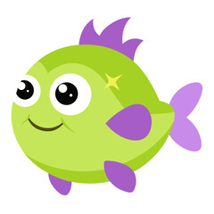 Cheerful cartoon fish with bright green body and purple accents on a white background