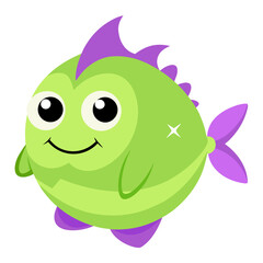 Cute cartoon fish character with green body and purple fins and spikes on a white background