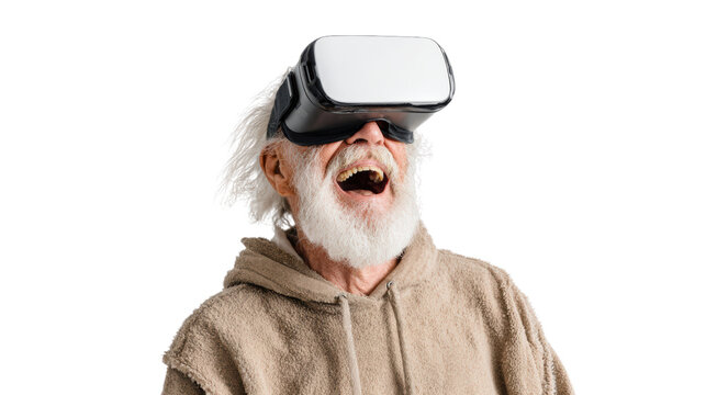 An elderly man joyfully experiencing virtual reality with a VR headset on.