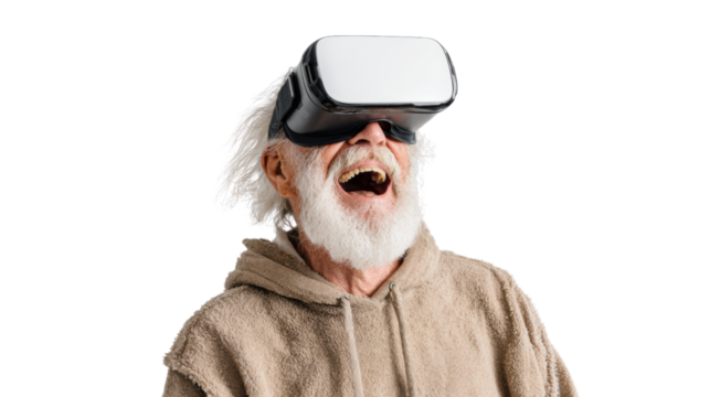 An elderly man joyfully experiencing virtual reality with a VR headset on.