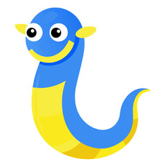 Cartoon worm with cheerful expression in bright blue and yellow color palette illustration