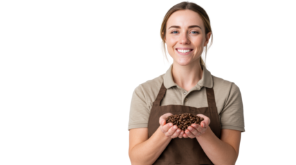 Barista smiling while holding coffee beans, white isolate background
