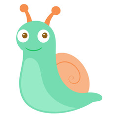 Cheerful cartoon snail with a friendly smile and a cute swirling shell on white backdrop