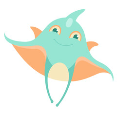 Cute cartoon manta ray character vector illustration happy and friendly smiling sea creature design for kids