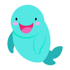 Cute cartoon dolphin with a big happy smile and friendly face on white background