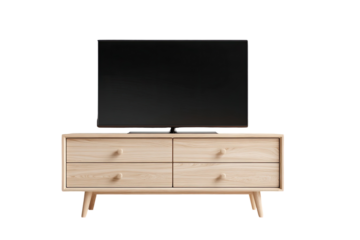 Light wood TV stand with flat-screen TV