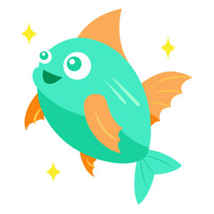 Cheerful Teal Fish with Orange Fins and Sparkling Stars isolated on White Backdrop