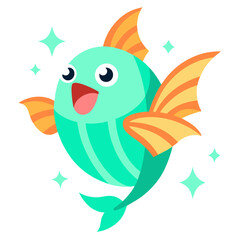 Cheerful cartoon fish with bright colors and sparkling details against a clean white background illustration