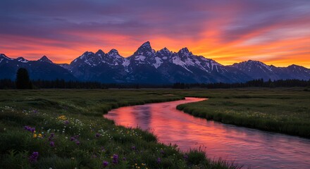 Naklejka premium Mountains River Sunset Scenic Landscape