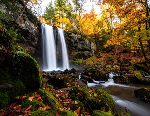 Autumn waterfall cascading down rocky cliff in a forest