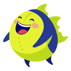 Happy cartoon fish with a big smile floating in a lighthearted design illustration