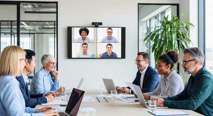 Connected Minds: A modern office conference room becomes the stage for a global team meeting.