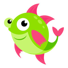 Happy cartoon fish with green body and pink fins swimming in the ocean depths for children